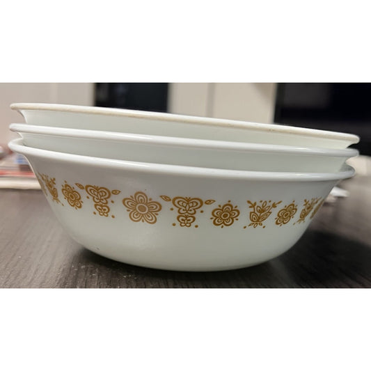 Vtg 1970s Corelle Corning BUTTERFLY GOLD Set of 3 Soup Cereal Bowls White 6-1/4"