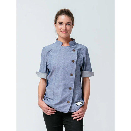 NWOT Helt Studios (L) Stephany Chambray Denim Crewtech Short Sleeve Chef Coat