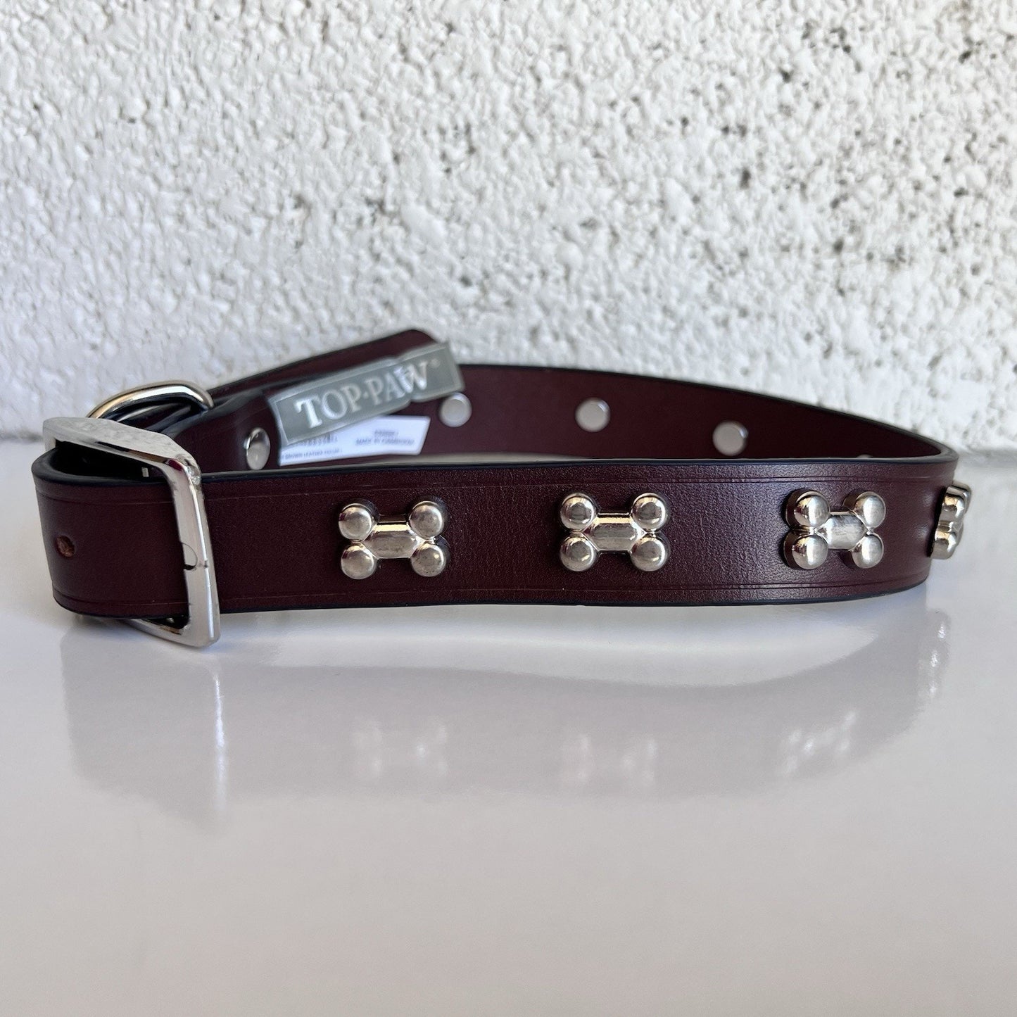 NWOT Unisex Top Paw (L) Bone Studded Brown Leather Puppy Dog Collar 17-21”