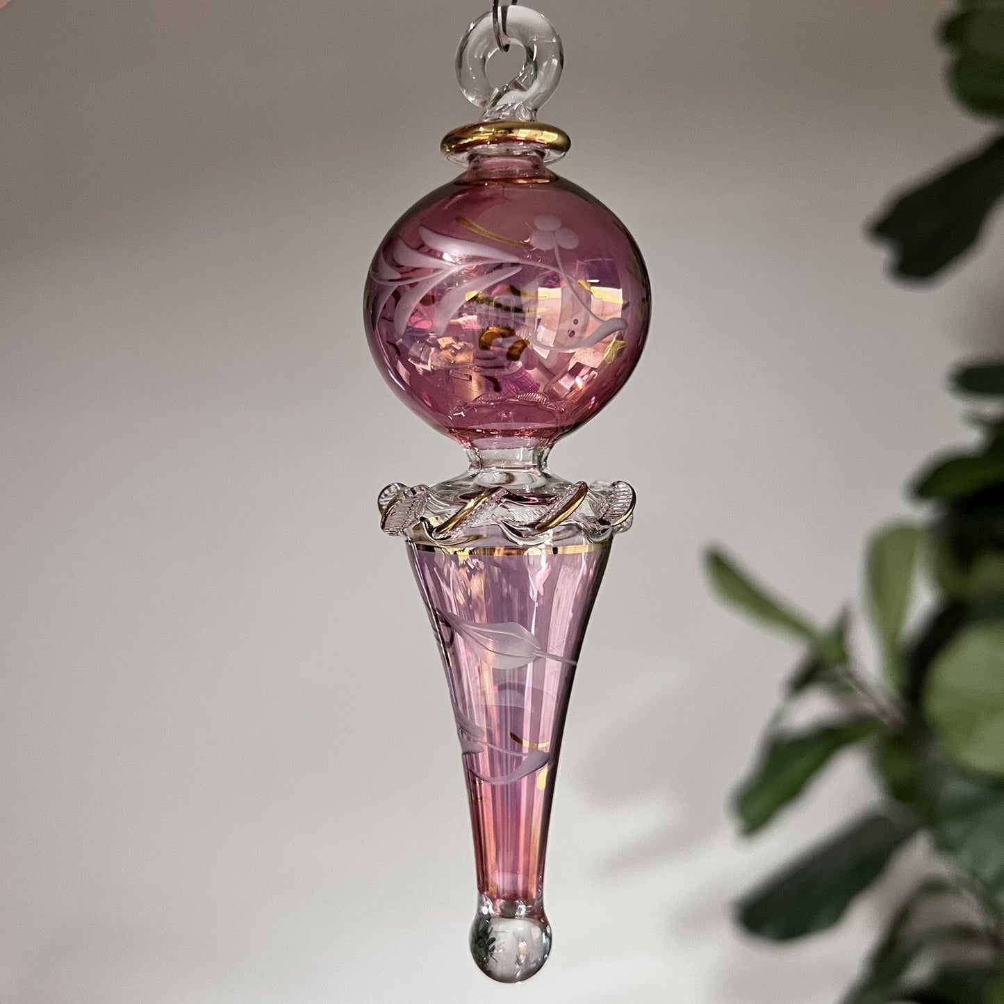 Vtg Blown Glass Etched Hand Painted Egypt Pink Gold Teardrop Christmas Ornament