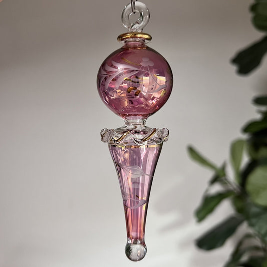 Vtg Blown Glass Etched Hand Painted Egypt Pink Gold Teardrop Christmas Ornament