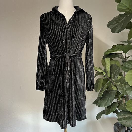 NWT $249 House Of Harlow XS Long Sleeve Black Metallic Shirt Dress Belt Elegant