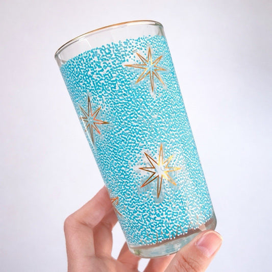 Set Of 4 Libbey Partytime Atomic Starburst Turquoise Gold MCM Glasses Retro Teal