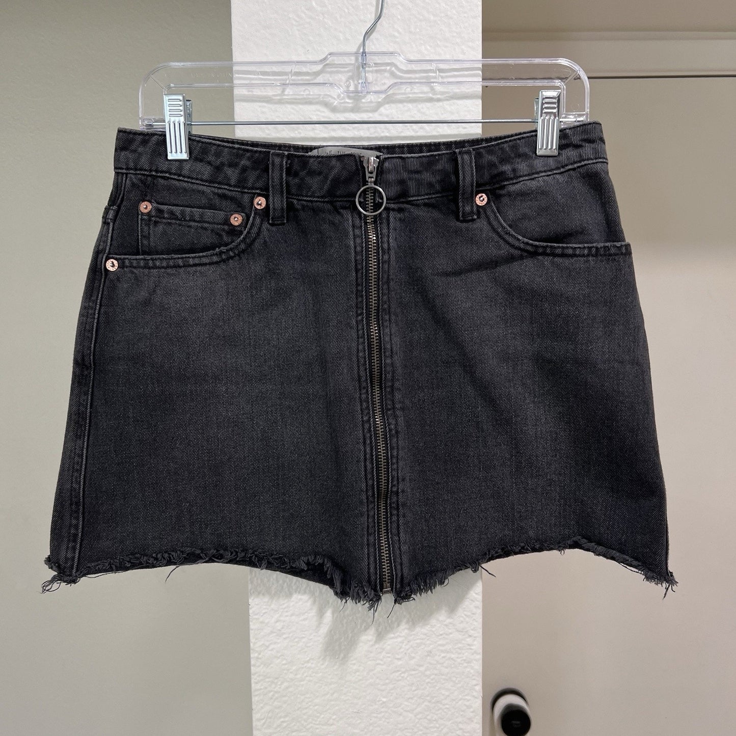 Mini Skirt 30” Black Denim Full Zip Raw Hem Grunge Mall Indie Y2K 90s Alt Urban