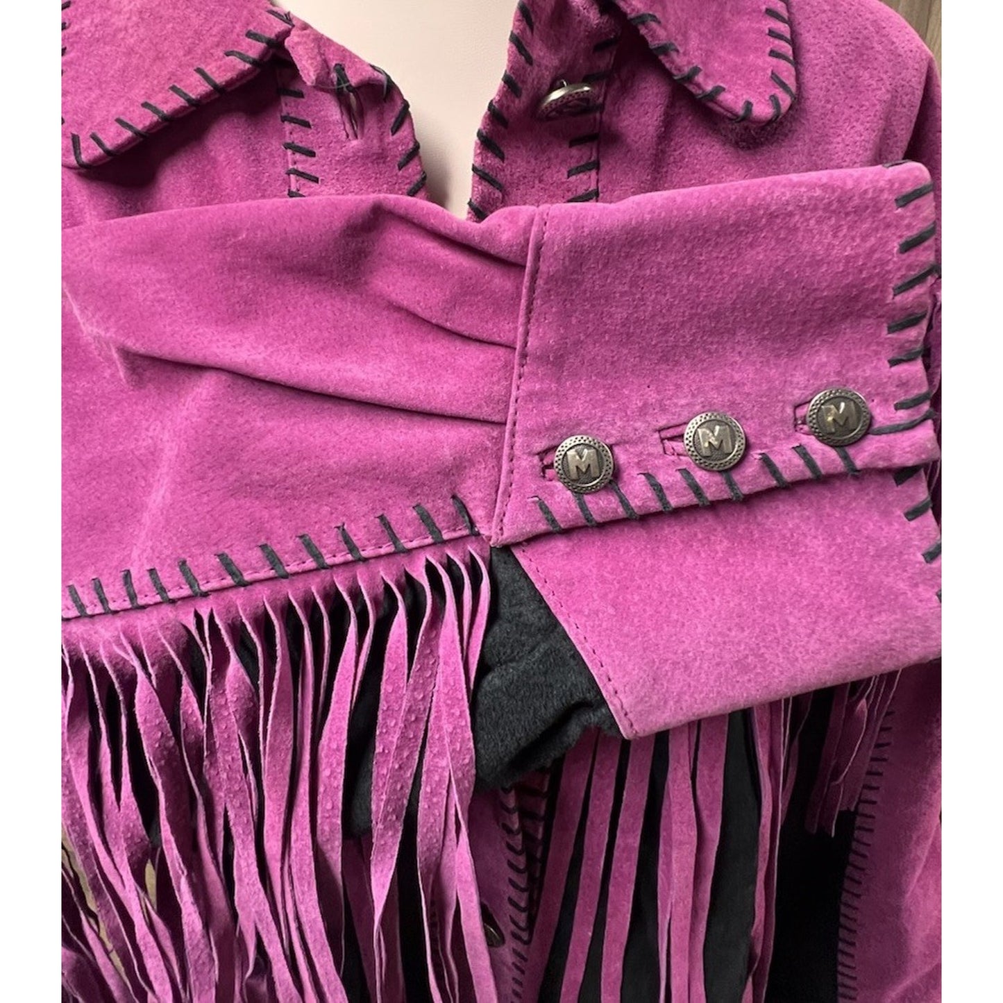 Vintage Bob Mackie Wearable Art Suede Fringe Jacket Purple Black Western Size 2X
