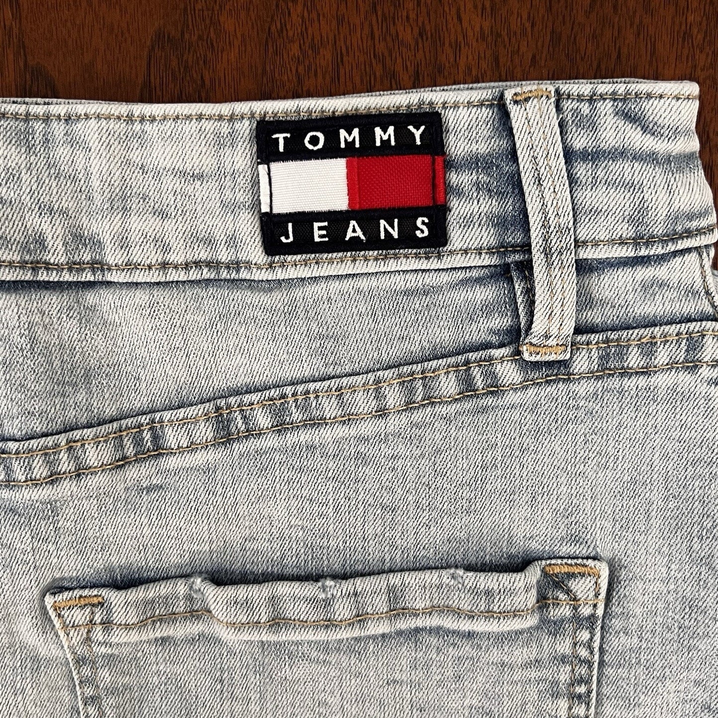 Tommy Jeans Distressed Cutoff Denim Miniskirt Size 0/25 Hilfiger Logo Y2K Vibes