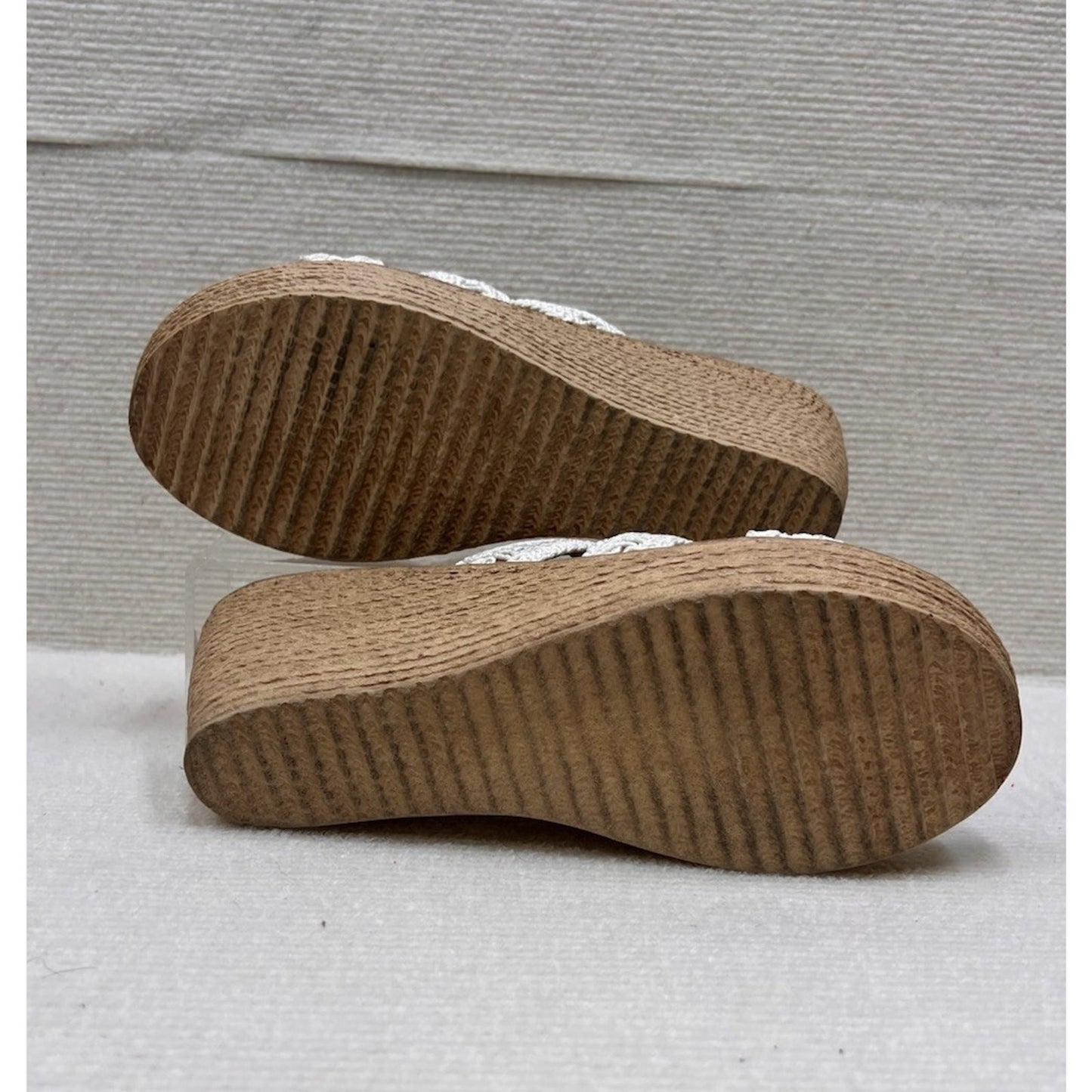 Vintage Sbicca Macrame Crochet Platform Wedge Sandals Woodgrain Slide Boho Sz 8