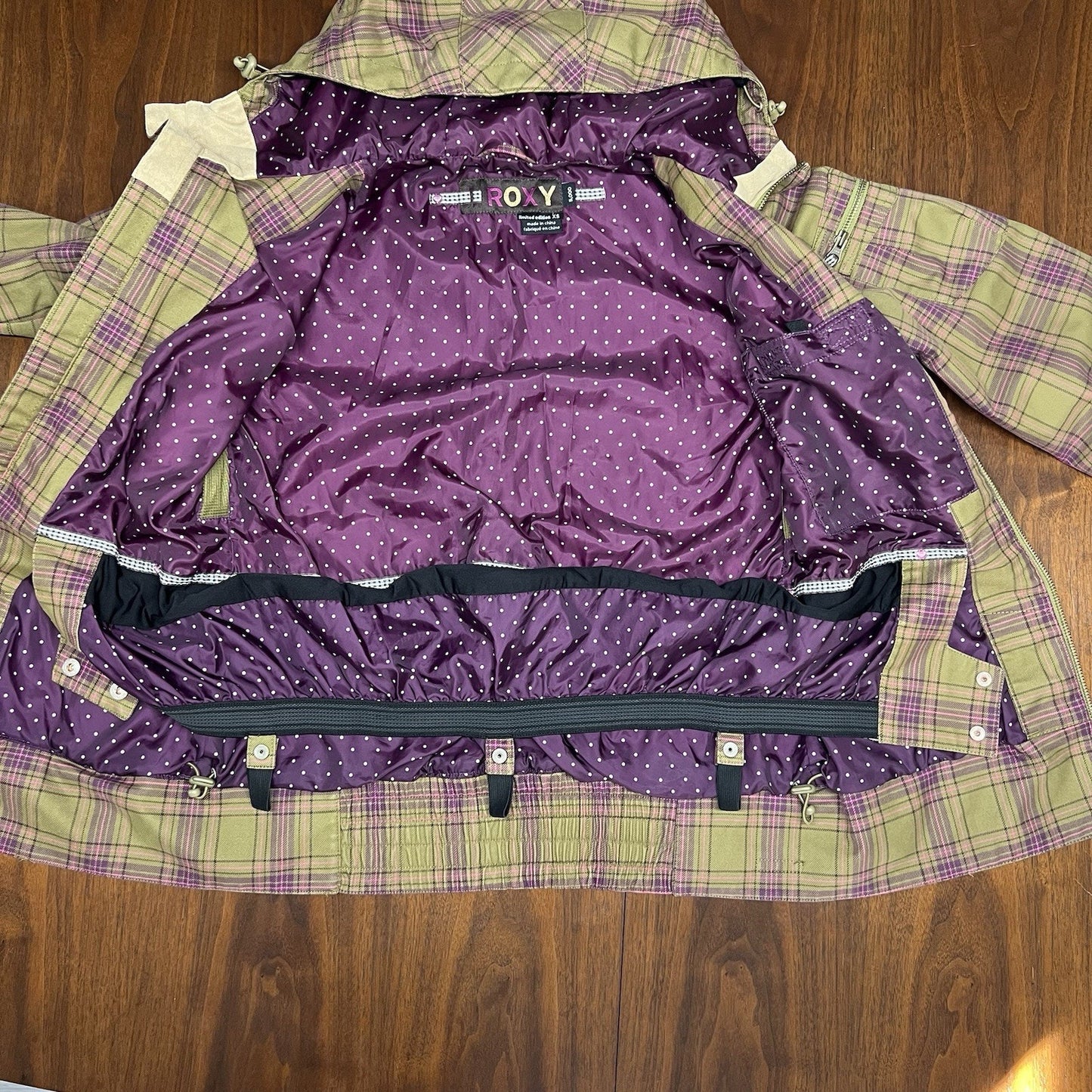 Roxy XS 5,000 Ski Snow Jacket Utility Coat Limited Edition Green Purple Plaid