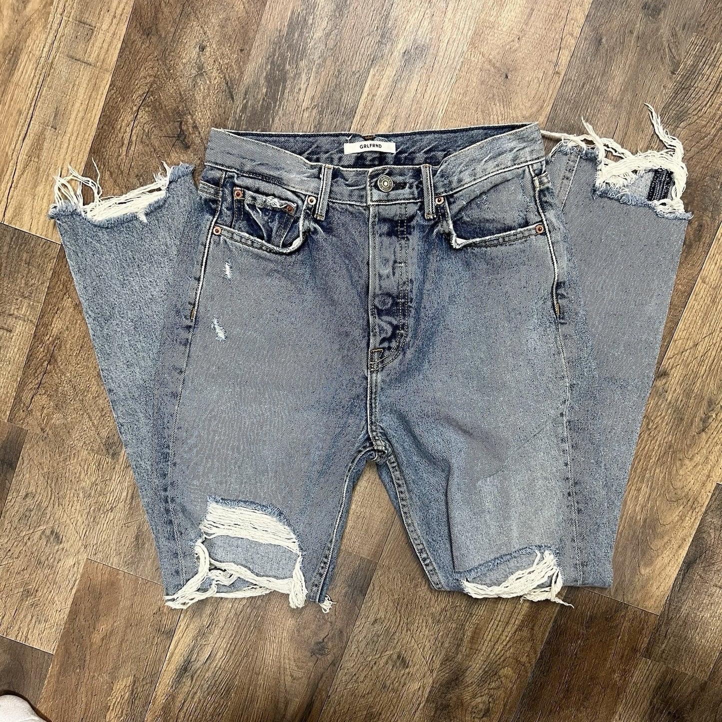 GRLFRND SHR Karolina Sz 26 Super High Rise Distressed Raw Hem Fringe Button Fly