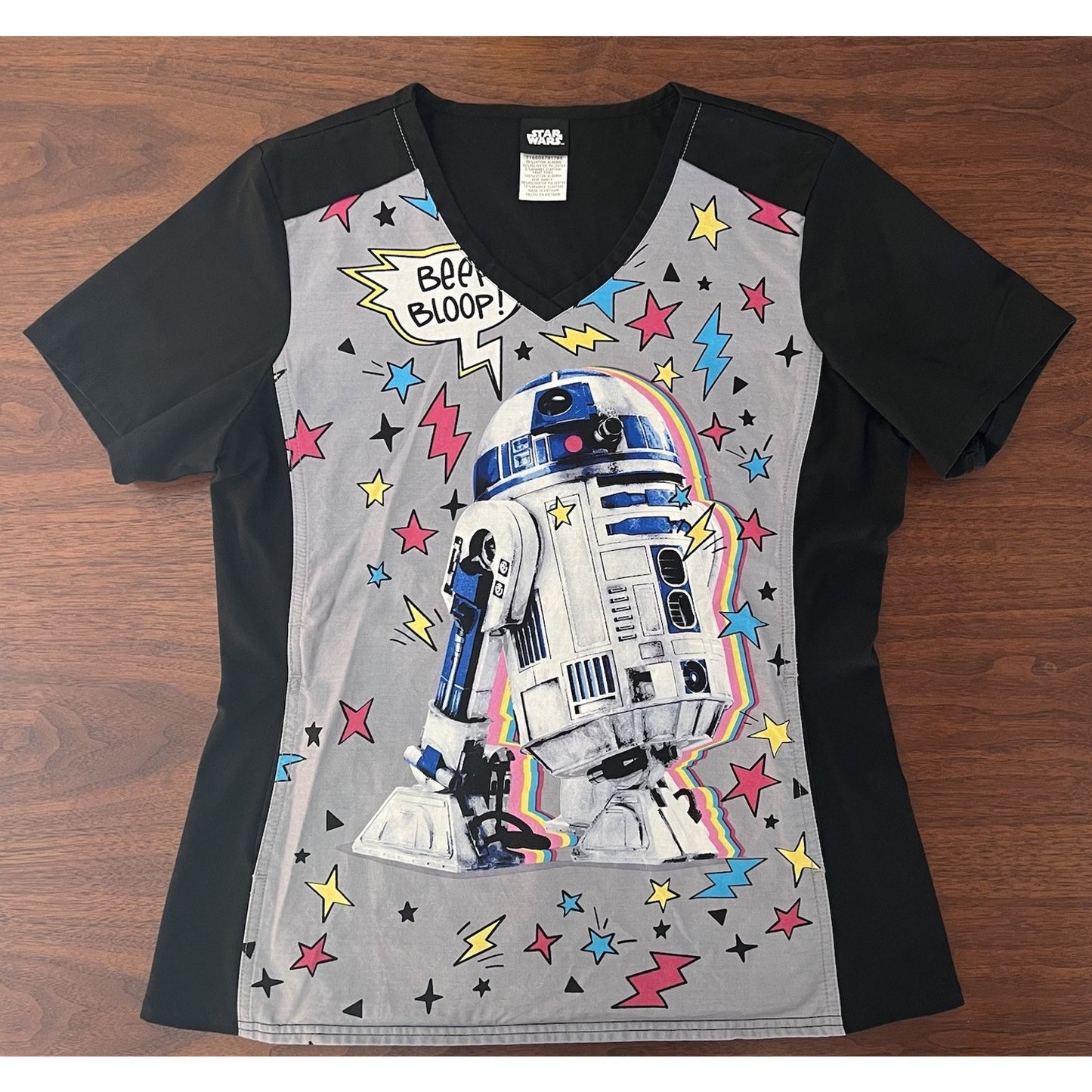 R2D2 Tooniforms Star Wars (S) Cherokee Scrub Top V Neck Knit Panel TF622 SREE