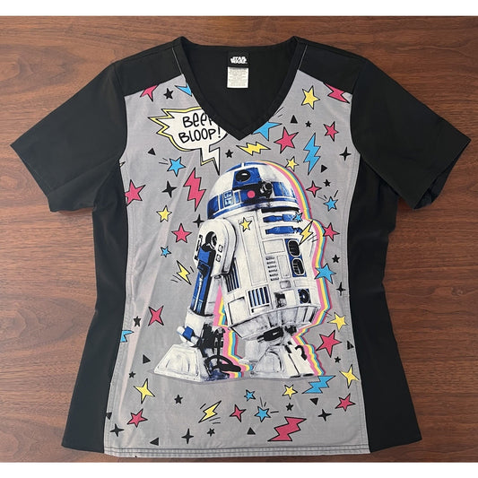 R2D2 Tooniforms Star Wars (S) Cherokee Scrub Top V Neck Knit Panel TF622 SREE