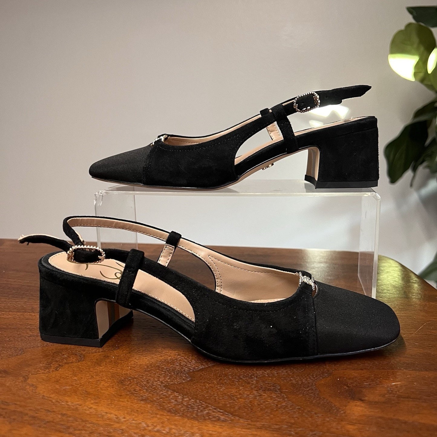 Sam Edelman Tarra 2 Sz 5 Suede/Fabric Sling Back Pump Low Block Heel Black Suede