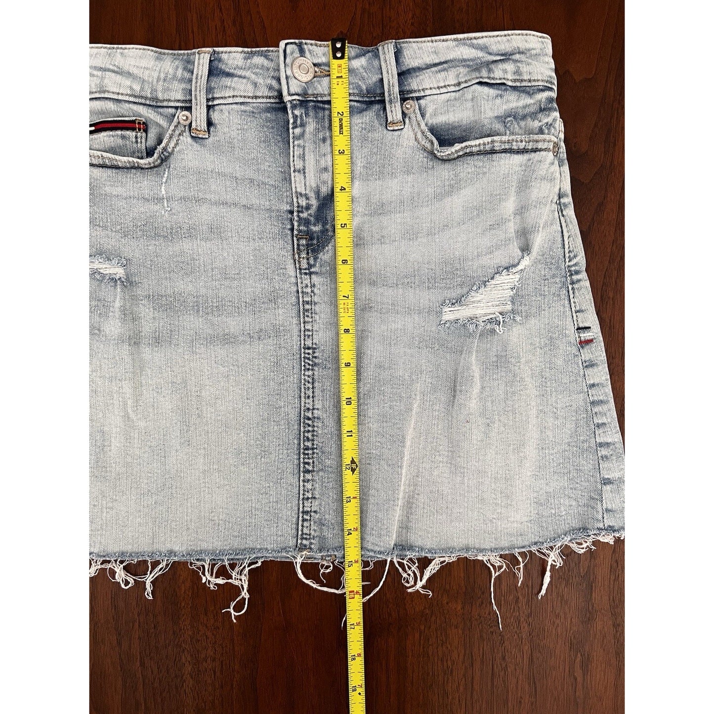 Tommy Jeans Distressed Cutoff Denim Miniskirt Size 0/25 Hilfiger Logo Y2K Vibes