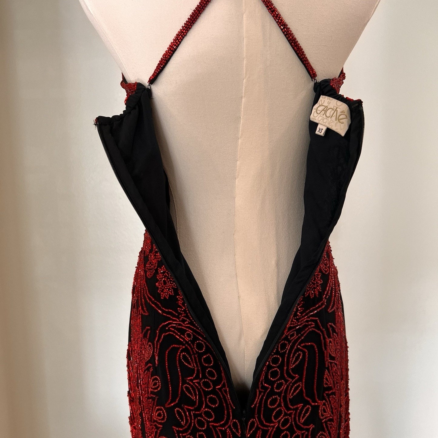 XS Cache Silk Black Red Beaded Dress Vamp Y2K Dramatic Goth Witchy Glam Luxe 90s
