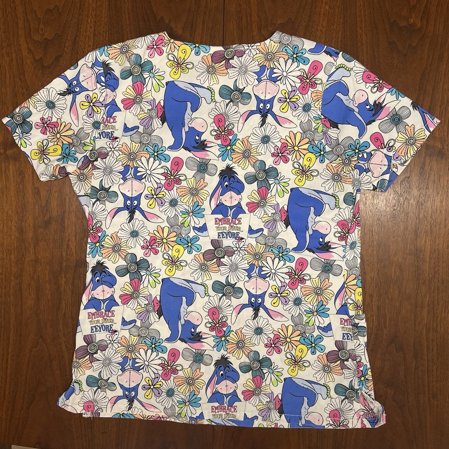 Lot Set of 4 Disney Scrub Tops Winnie the Pooh Eeyore (S) Cotton Pockets AOP
