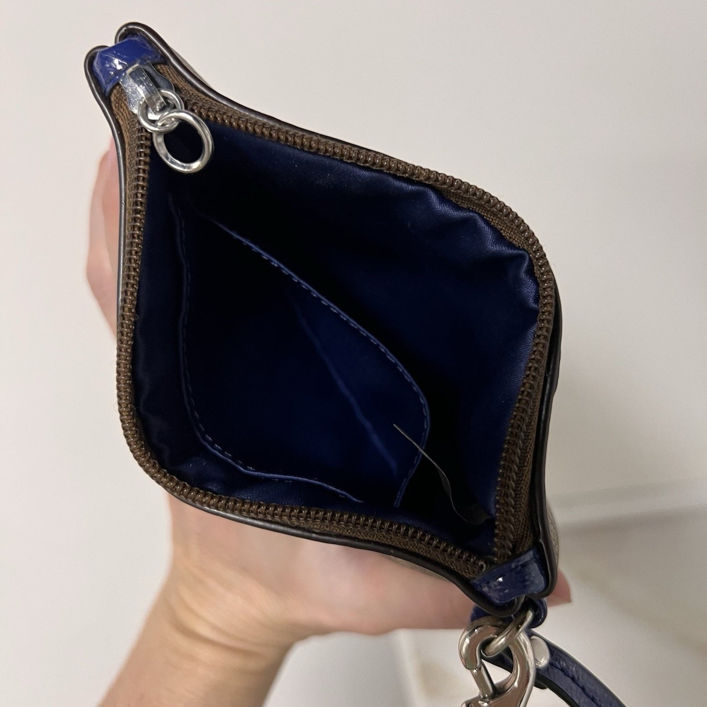 Coach Signature Wristlet Zip Pouch Wallet 6x4 Khaki Brown Navy Blue Clutch