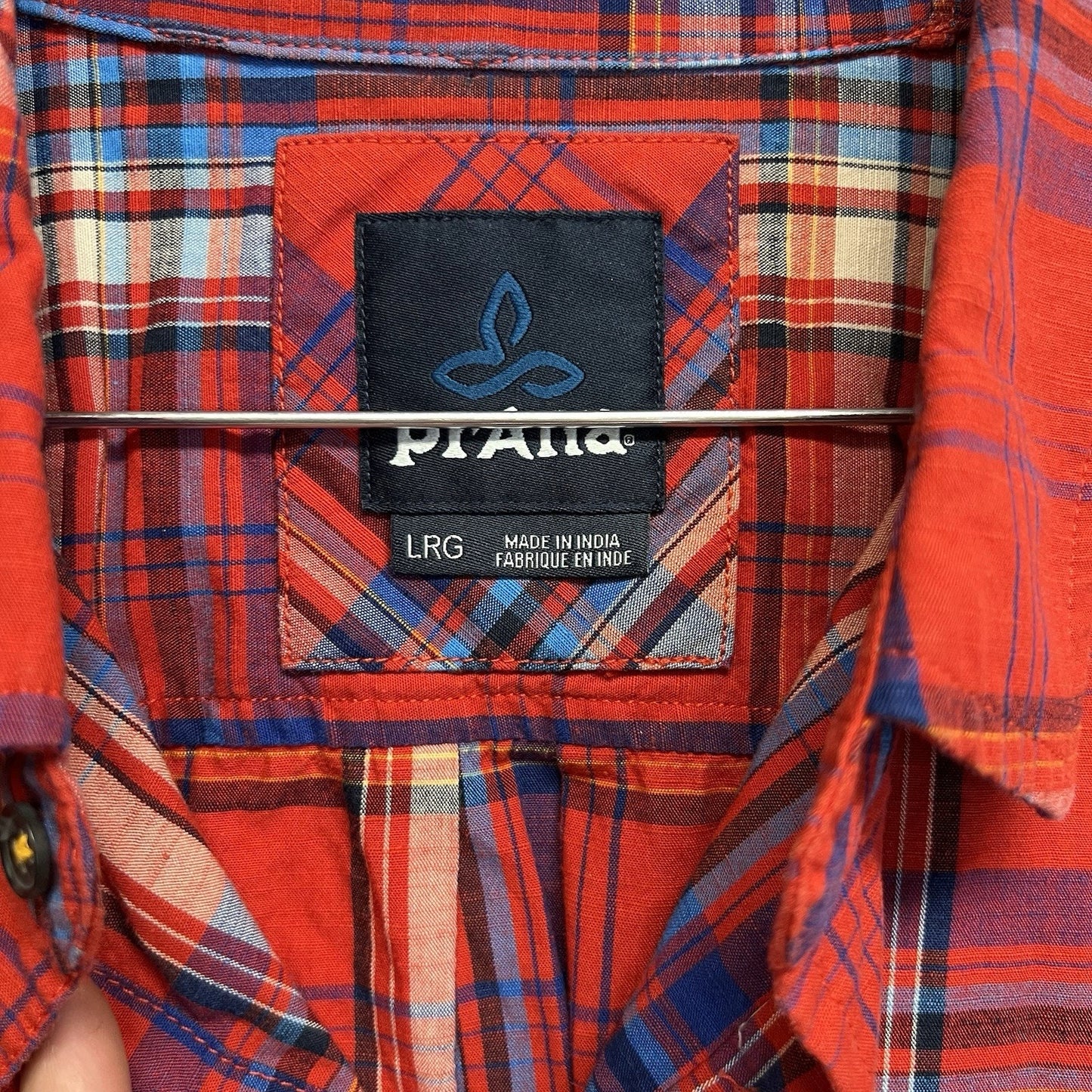 prAna Mens Benton Large Short Sleeve Button Down Shirt Red & Blue Plaid Casual
