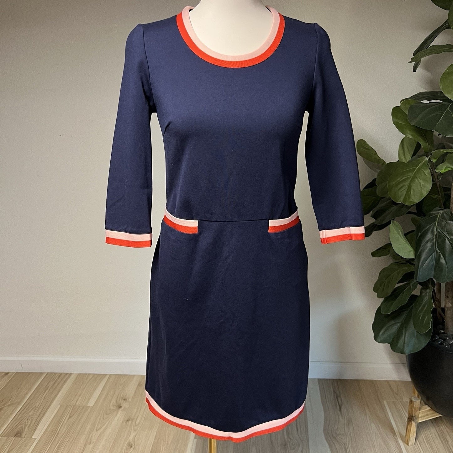 Boden 60s Style Sz 4 Gloria Ponte Dress Navy Pink Trim Retro Jackie O Vintage