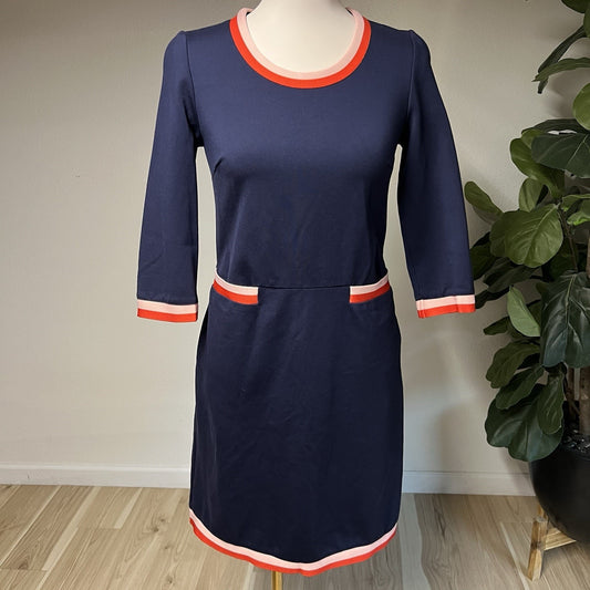 Boden 60s Style Sz 4 Gloria Ponte Dress Navy Pink Trim Retro Jackie O Vintage