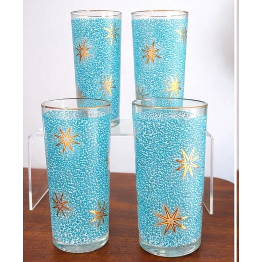Set Of 4 Libbey Partytime Atomic Starburst Turquoise Gold MCM Glasses Retro Teal