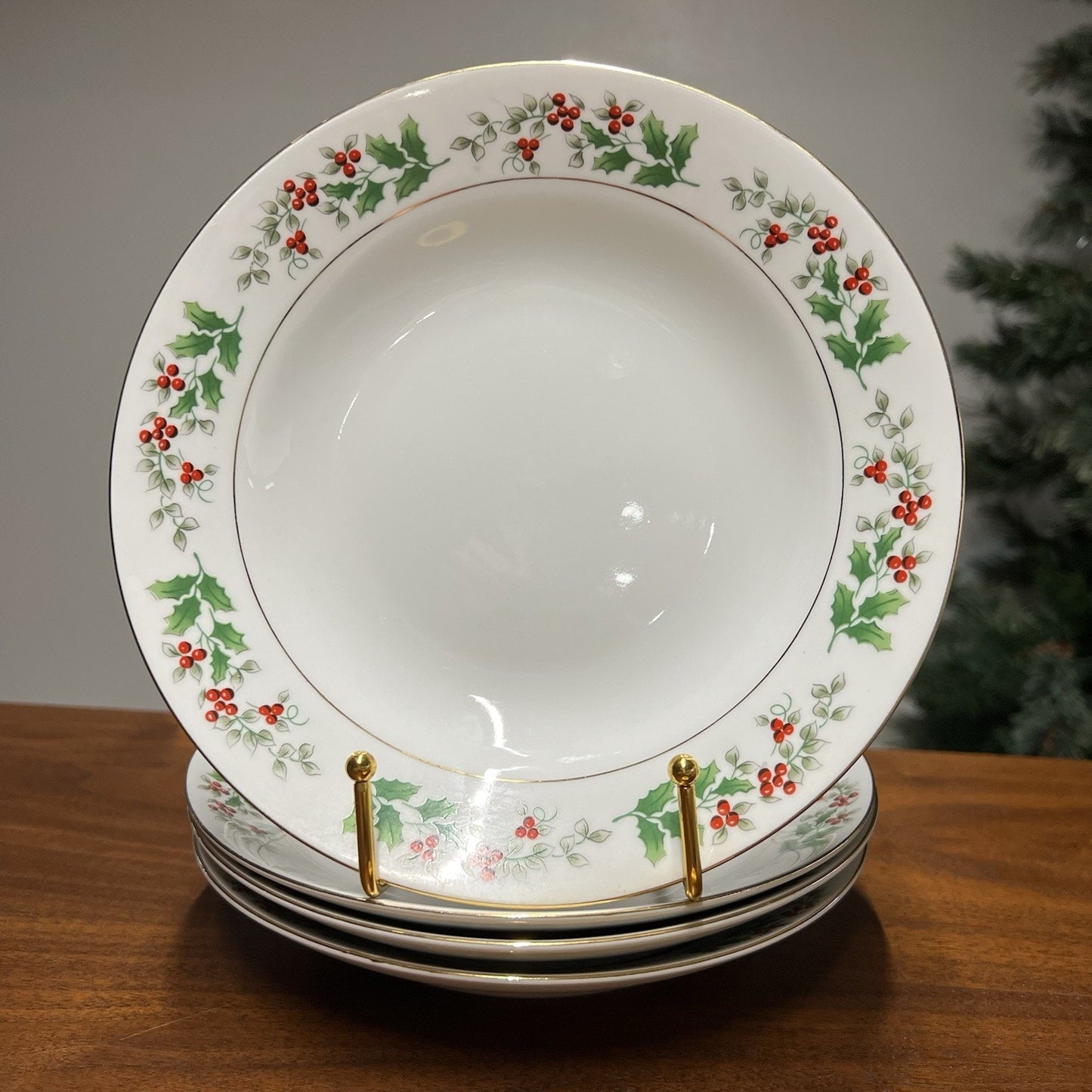 4 Gibson 8” Bowls Christmas Charm Delight Holiday Harmony Holly Berry Gold Trim
