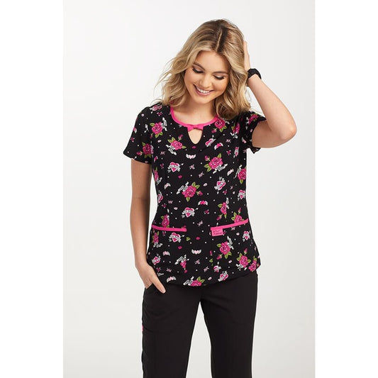 Set Of Two XS Betsey Johnson Scrub Top Black White Pink Hearts Floral AOP