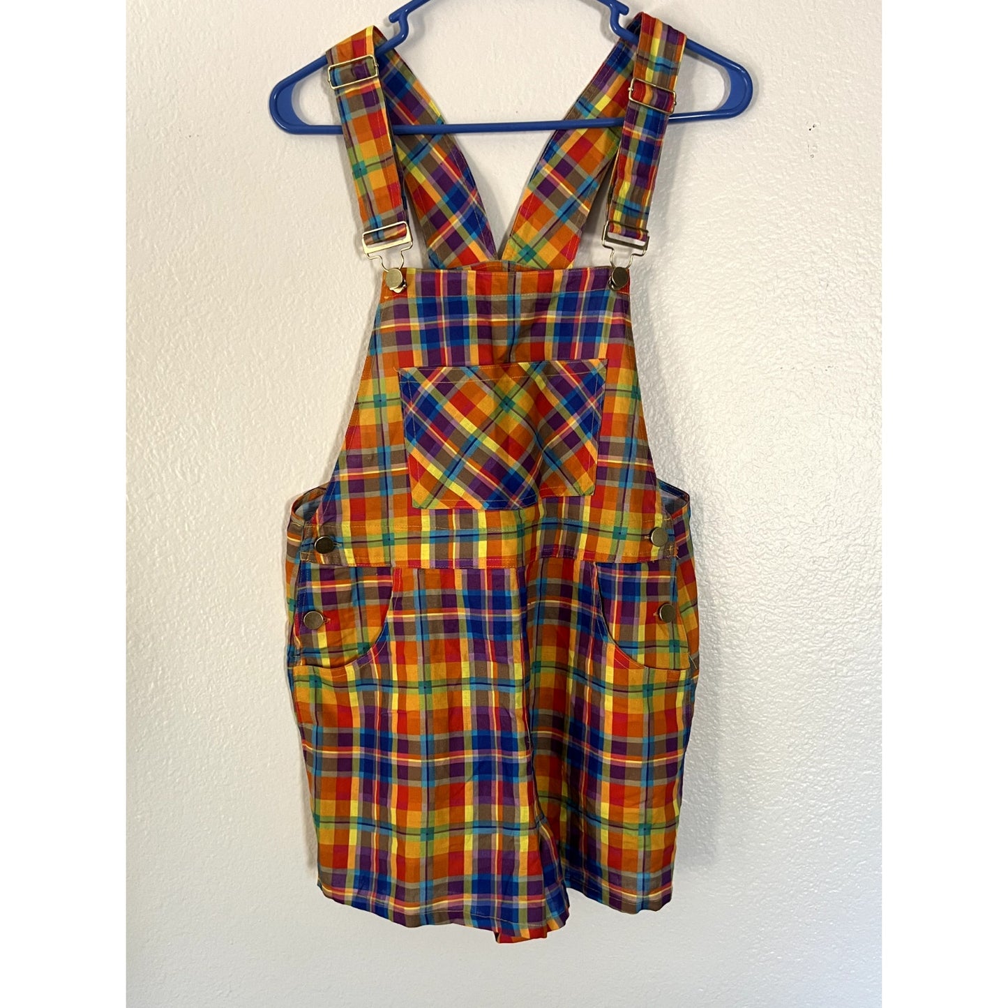 $128 NWT WeWoreWhat Danielle Bernstein Basic Rainbow Plaid Overall Shorts Sz S