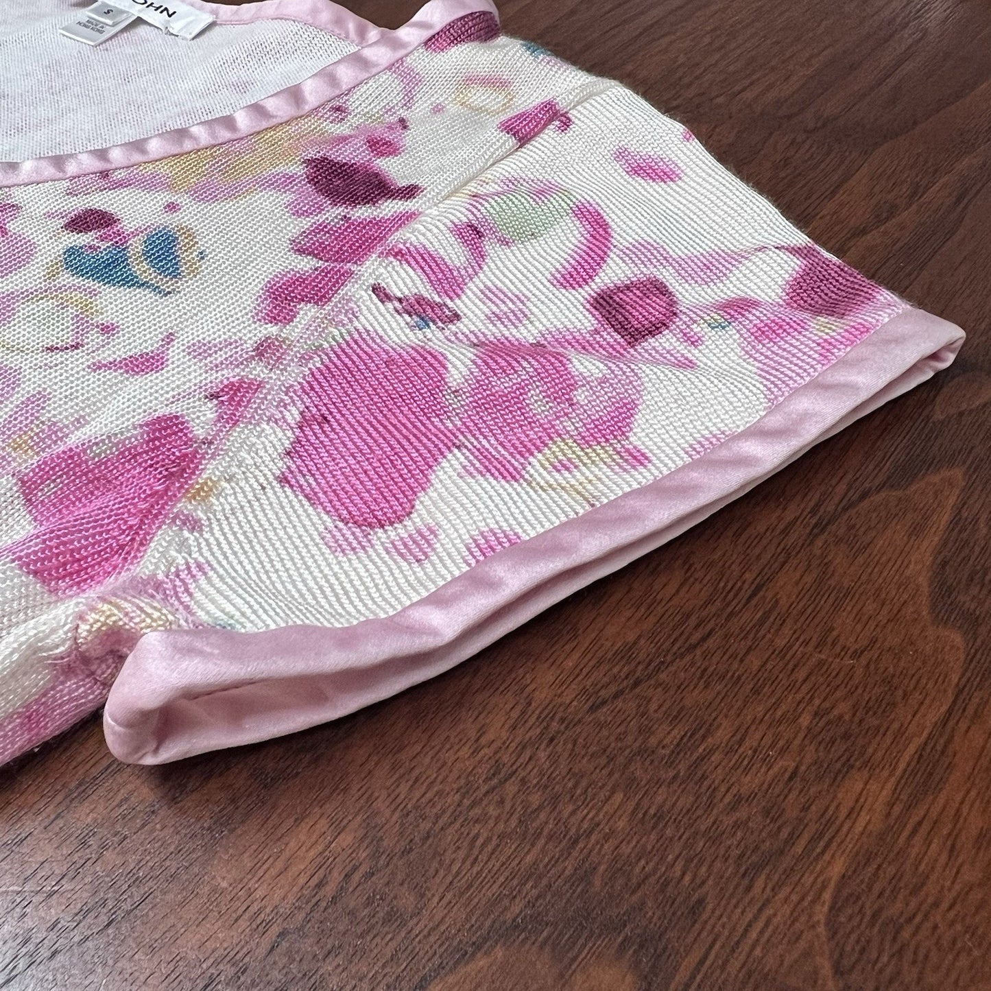 St John Top (S) Satin Trim Watercolor Floral Short Sleeve