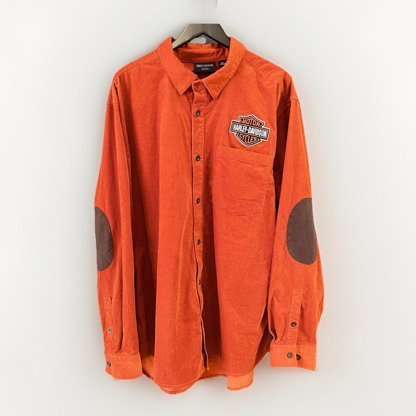 Harley Davidson Corduroy Button Up Shirt 3X Orange Brown Elbow Patch Long Sleeve