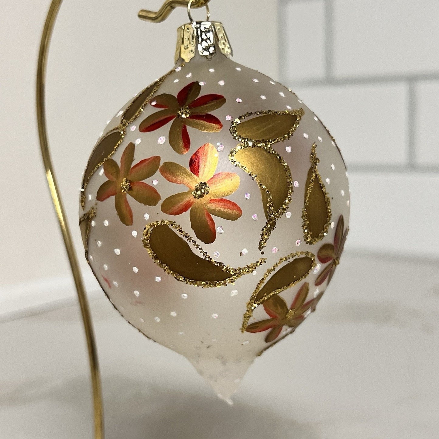 Vintage Retro Commodore Hand Painted Glass Christmas Ornaments Gold w Glitter