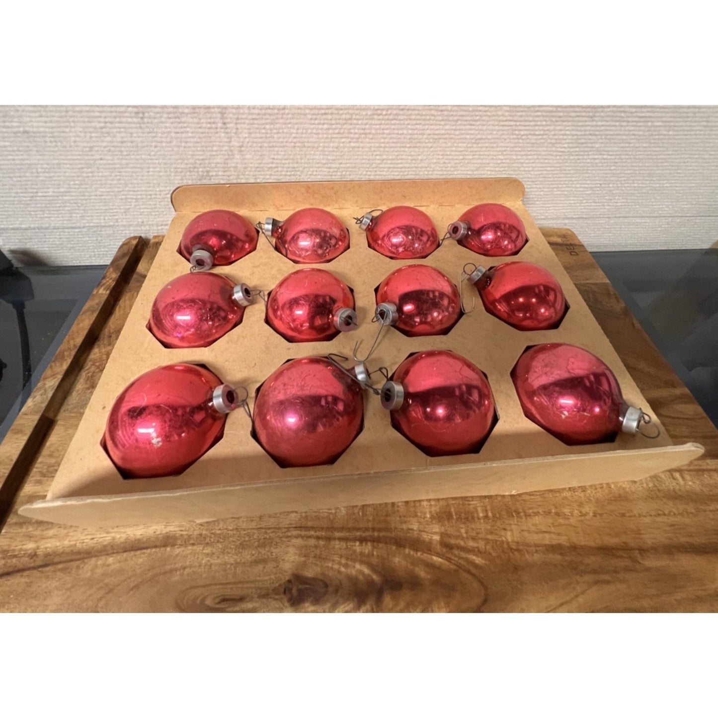 Box Of 12 Red George Franke MCM 1-3/4” Glass Christmas Tree Ornaments