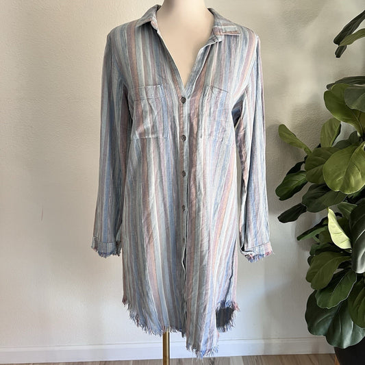 Cloth & Stone (S) Button Down Chambray Linen Blend Shirt Dress Raw Hem Coverup