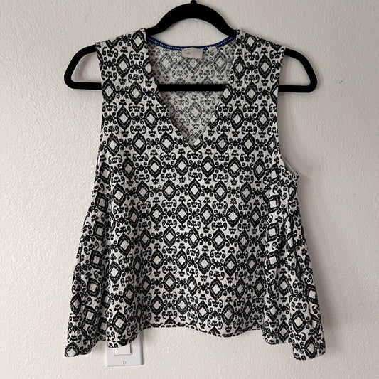 Anthropologie Postage Stamp V-Neck Soft Stretch Knit Swing Top Small Boho Print